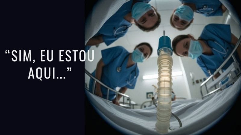 EQM A visão em primeira pessoa de dentro do corpo, olhando para cima a partir de uma cama de hospital. A visão é claustrofóbica e ligeiramente distorcida. Acima, os ros