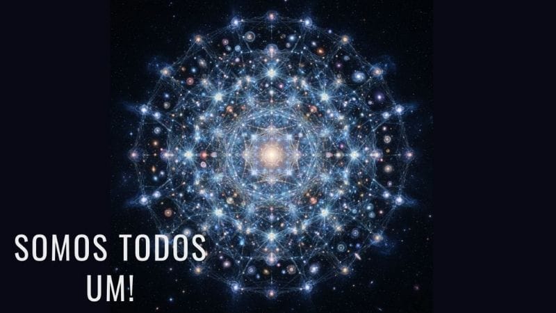 EQM Uma visão cósmica e abstrata de uma imensa colmeia cósmica. Galáxias, estrelas e planetas são interligados por uma teia de luz brilhante. Pontos de luz de diferente