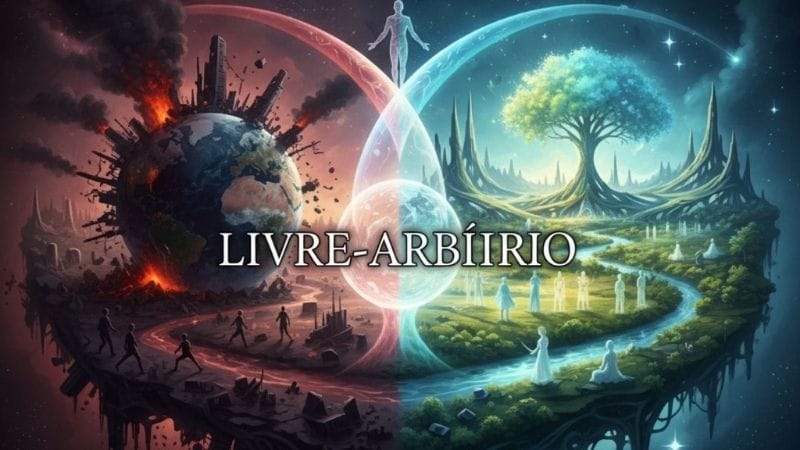 Arte conceitual de duas linhas do tempo, uma escura e catastrófica e outra luminosa e esperançosa, representando o livre-arbítrio da humanidade