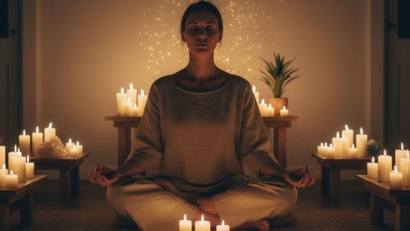 Pessoa meditando à luz de velas