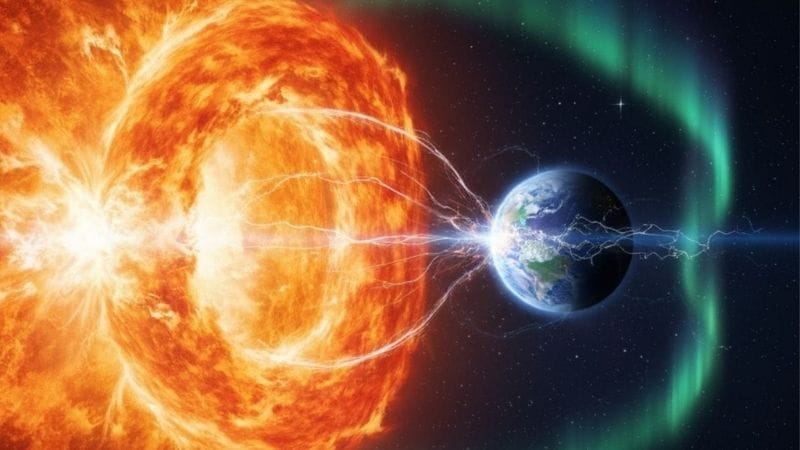 Ilustração do Sol emitindo uma poderosa Ejeção de Massa Coronal (tempestade solar) em direção ao planeta Terra