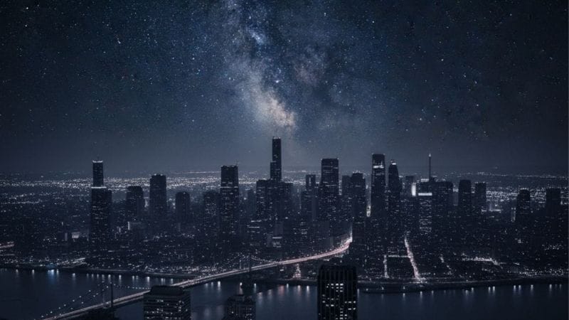 Visão de uma cidade grande totalmente sem luzes artificiais à noite, revelando um céu noturno claro e cheio de estrelas