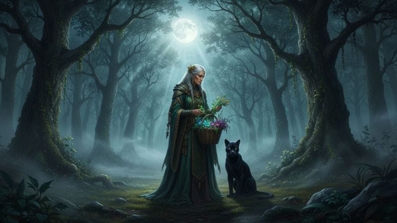 Mulher solitária na floresta observando a lua com um gato selvagem