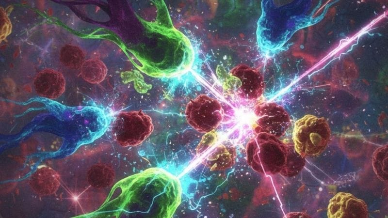 Representação artística de células imunológicas (Natural Killer) atacando células doentes.