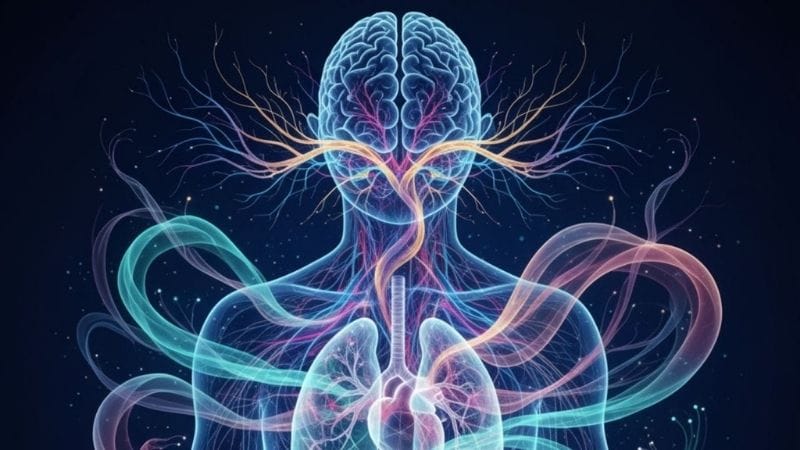 Ilustração da conexão mente-corpo, com elementos de energia e ciência.