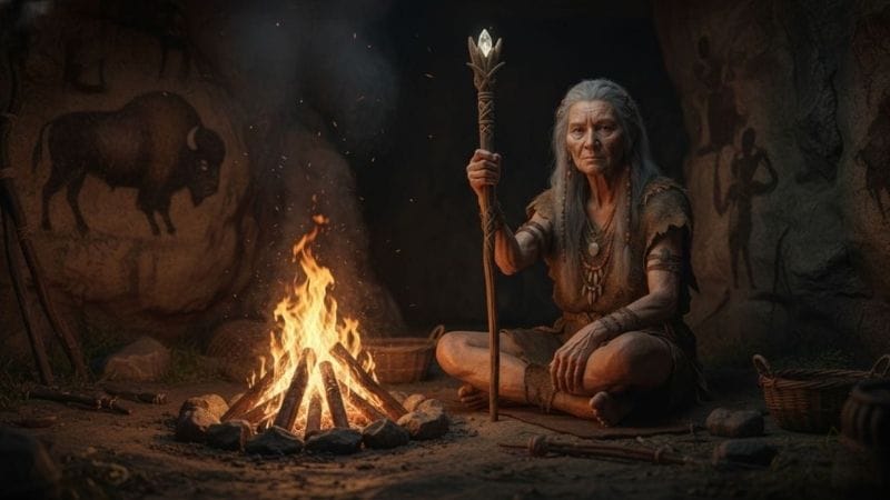 Mulher ancestral guardiã do fogo em uma caverna