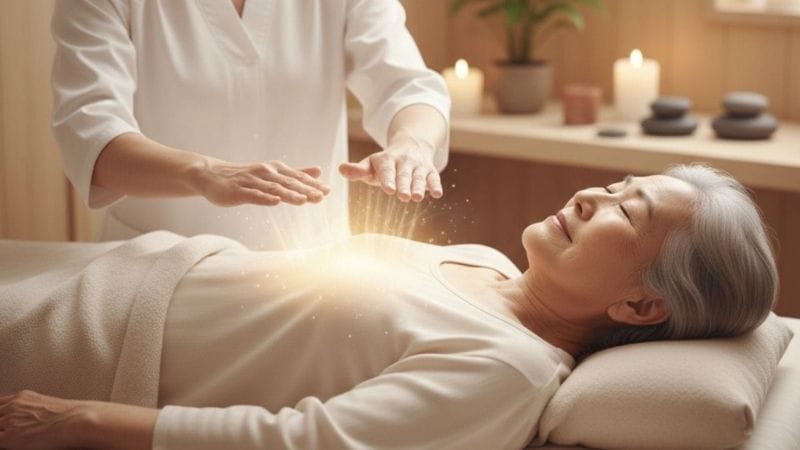 Idoso em estado de relaxamento profundo recebendo Reiki.